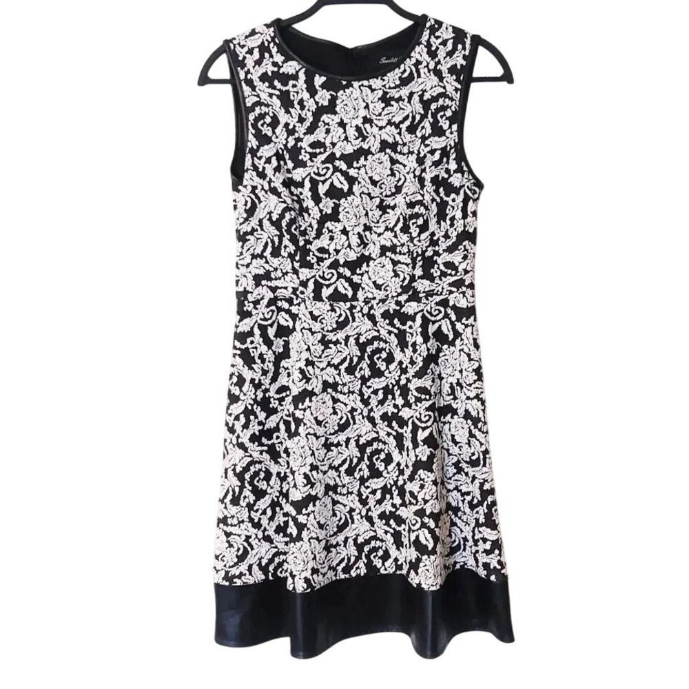 Scarlett Nite Women Black White Floral Damask Fit Flare Dress Faux Leather Tri 8